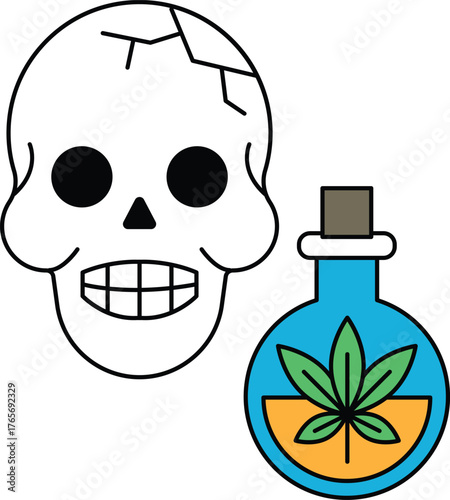 A skull is drawn with a bottle of marijuana next to it