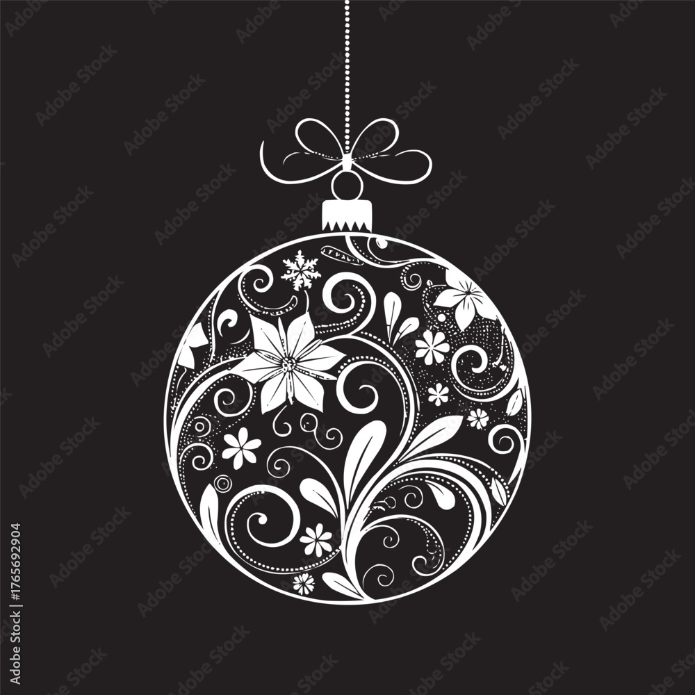 Fototapeta premium Elegant Floral Christmas Ornament Ball Vector Illustration. Beautiful black and white floral ornament ball vector design featuring intricate flowers, leaves, and swirls arranged in a decorative