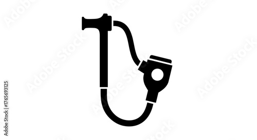 Black and white icon of a bicycle pump with a hose and nozzle representing inflation and maintenance.