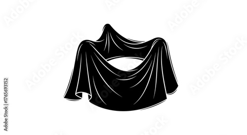 Black Fabric Drape Over Invisible Object on White Background.