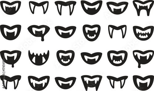 Vampire Fangs Silhouette Icon Set - Halloween Vector Illustration Isolate on White Background 