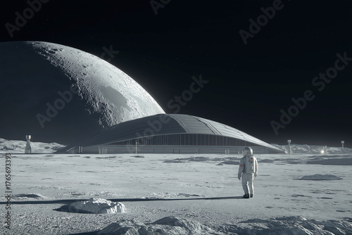Lone Astronaut in a White Suit Looking Back at a Large Futuristic Base Dome on the Moon Surface