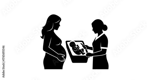Pregnant Woman and Doctor Looking at Ultrasound Image.