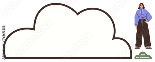 Confident woman in casual outfit stands next to a large outlined cloud shape and a small patch of greenery. Ideal for creativity, self-expression, digital storage, empowerment, minimalism, conceptual
