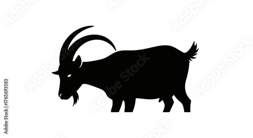 Silhouette of a Majestic Goat with Curved Horns.