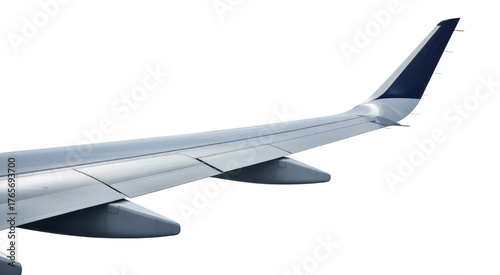View of a commercial airplane wing with a blue winglet from a window isolated on transparent white background 