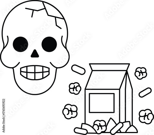A skull is next to a box of corn flakes