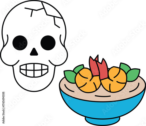 A skull is drawn next to a bowl of food