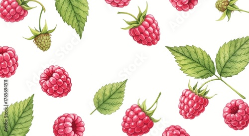 Whimsical watercolor pattern of fresh raspberries and green leaves, a bright, sweet backdrop.