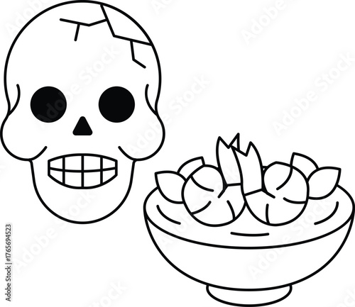 A skull is drawn next to a bowl of food