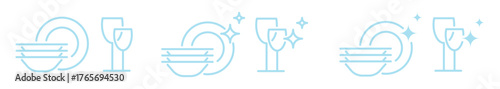 Set of dishes and glasses editable line icons isolated on transparent background. Clean plates and glasses with sparkle stars outline symbols for dishwashing, kitchen hygiene, and cleaning service.