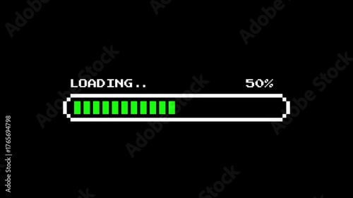 Retro pixel loading bar animation with green progress blocks on black background showing percentage loading process in vintage style