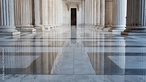 Marble colonnade with reflective floor, in a grand architectural corridor, wide perspective, elegant interior, copy space.