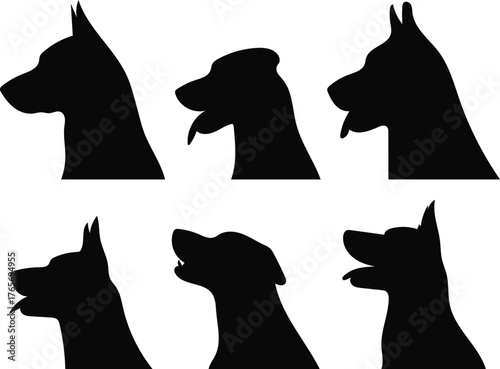 Dog Head Silhouettes Collection Various Breeds in Black Color Illustration