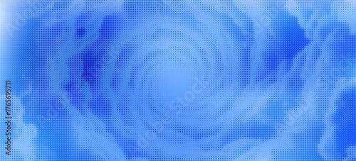 Sky with halftone clouds. Spiral hyperspace tunnel. Wormhole background. Space portal for time traveling. Speed effect. Black hole vortex. Bright colors. Blue and white. dots spiral cloud halftone