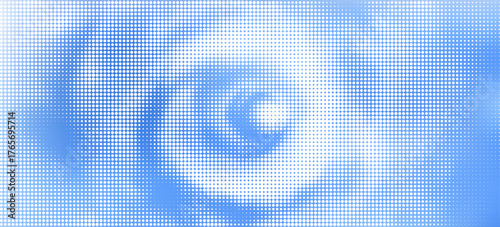 Sky with halftone clouds. Spiral hyperspace tunnel. Wormhole background. Space portal for time traveling. Speed effect. Black hole vortex. Bright colors. Blue and white. dots spiral cloud halftone