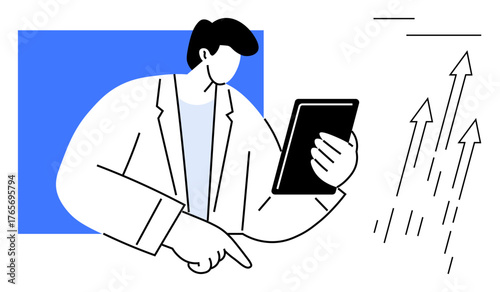 Person holding and reviewing data on a tablet, pointing toward growth arrows showing progress. Ideal for business, strategy, analytics, success, innovation, planning, minimal flat metaphor