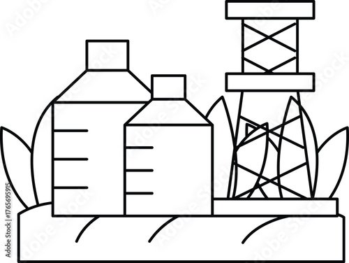 A black and white drawing of a field with a few oil tanks and a power plant