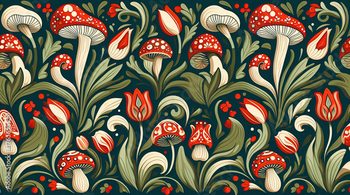 seamless floral pattern of mushroom and tulip in folk art