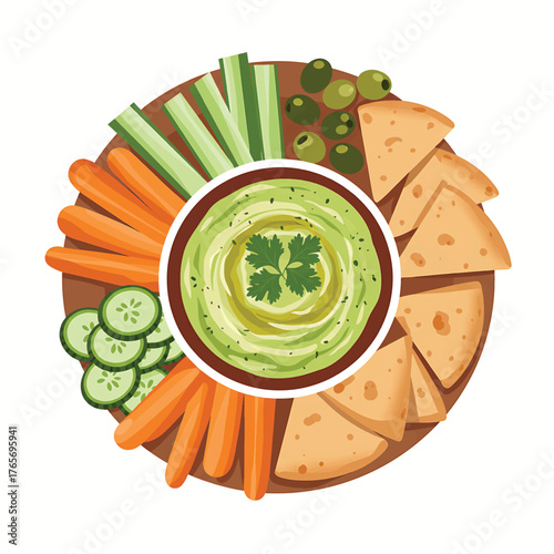 Flat lay of a vibrant vegetable and tortilla chip platter with guacamole dip on a clean white background