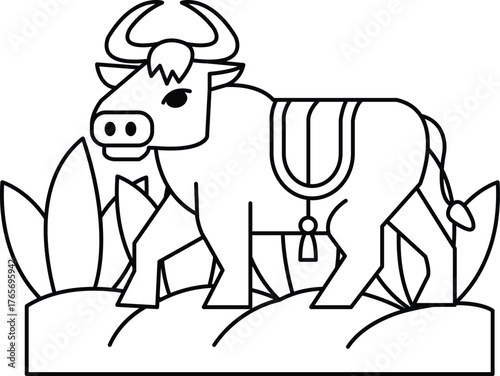 A black and white drawing of a bull with a saddle on its back