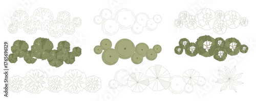 Group of Trees for architectural entourage and urban planning. Various trees, bushes, and shrubs, top view for the landscape design plans. Vector illustration.