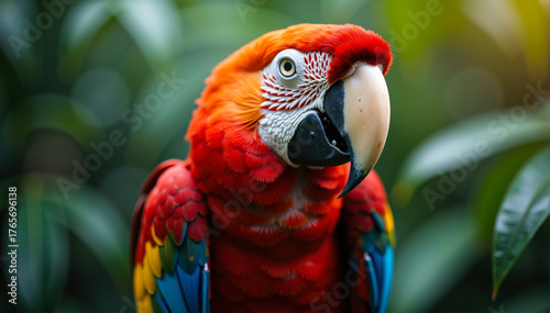 Chest-up view of exotic parrot in jungle with soft light and green backdrop
