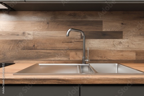 Modern kitchen sink with chrome faucet and wood backsplash.