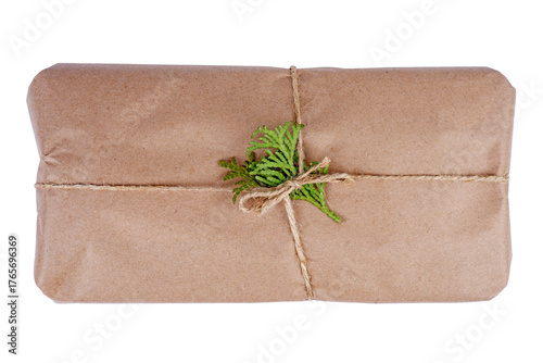 Cardboard box with gift a isolated on white background.Top view