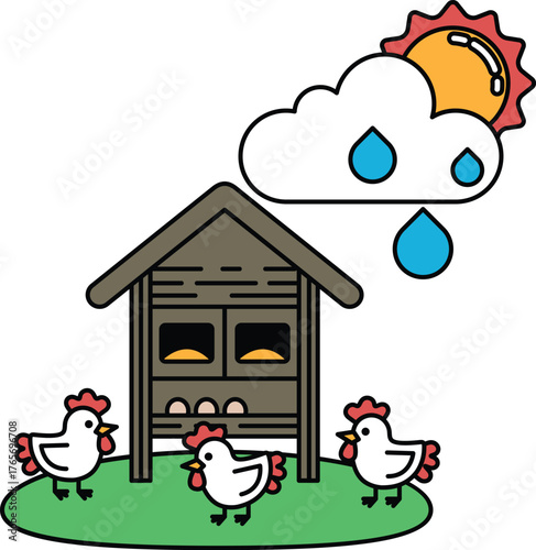 A black and white drawing of a chicken coop with three chickens and a cloudy sky