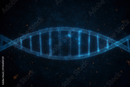 Digital Abstract Representation of a Glowing Blue Double Helix DNA Strand Structure Against a Dark Background with Floating Orange Particles