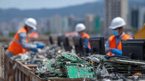 Close-up of mixed e-waste components stacked for recycling, bright circuit boards and wires forming intricate textures, workers handling materials safely