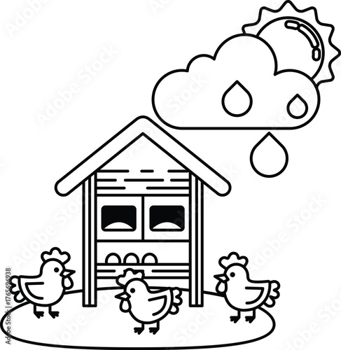 A black and white drawing of a chicken coop with three chickens and a cloudy sky