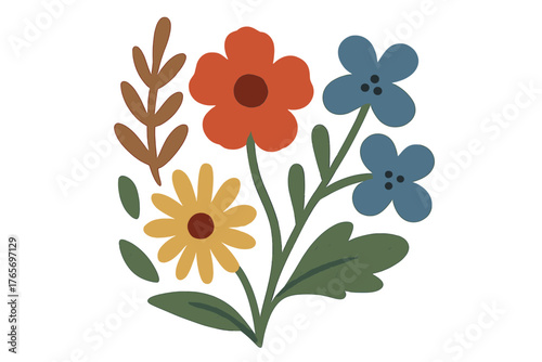 Abstract modern floral composition with red, yellow, and blue flowers and green leaves