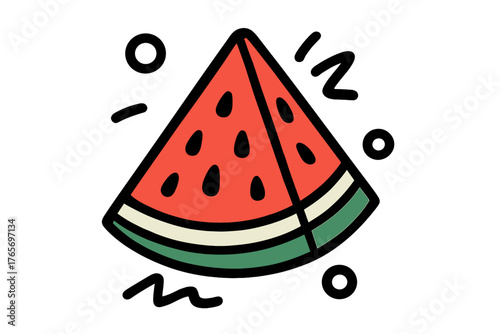 Single slice of fresh juicy watermelon with seeds in a fun retro doodle style