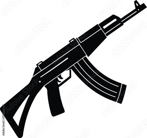 a black silhouette of a ak47 on a white background, black, drawing, gun, silhouette Isometric modern ak47 rifle with wood detailing and metallic finish
