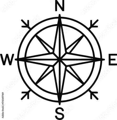 Compass rose with cardinal directions NSEW on white background wind rose navigation