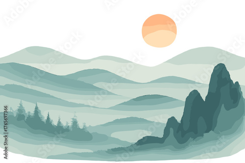 Serene misty mountain landscape with layered hills, pine forest, and large orange sun
