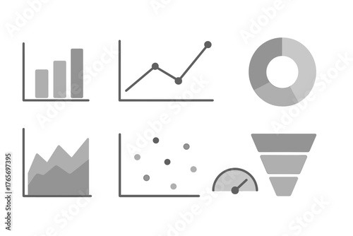 Essential set of business data visualization icons including charts, graphs, and diagrams