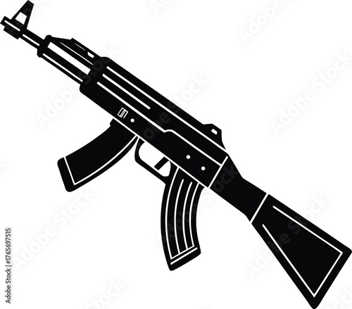 a black silhouette of a ak47 on a white background, black, drawing, gun, silhouette Isometric modern ak47 rifle with wood detailing and metallic finish