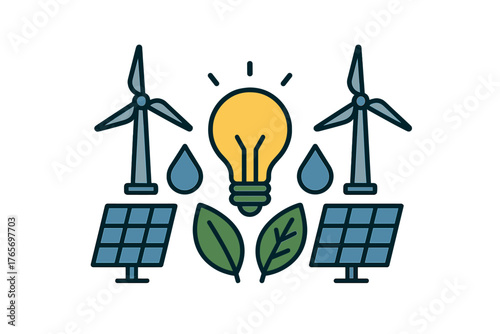 Renewable energy sources concept showing wind, solar, water, and ecology symbols