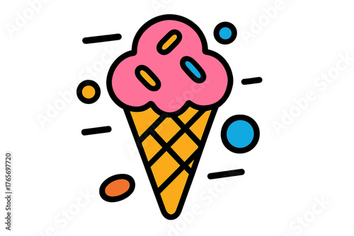 Vibrant pink ice cream scoop in a waffle cone surrounded by abstract colorful shapes