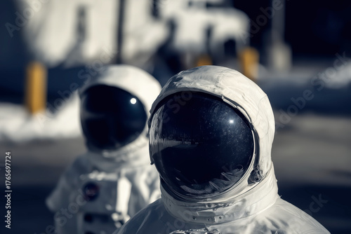 Close-up of Two Caucasian Astronauts in White Space Suits with Dark Visors Standing Outside in Bright Sunlight