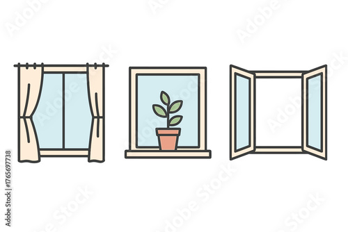 Set of three interior window views: closed with curtains, plant on sill, and fully open frame