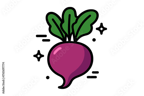 Vibrant purple root vegetable with fresh green foliage in a clean modern graphic style