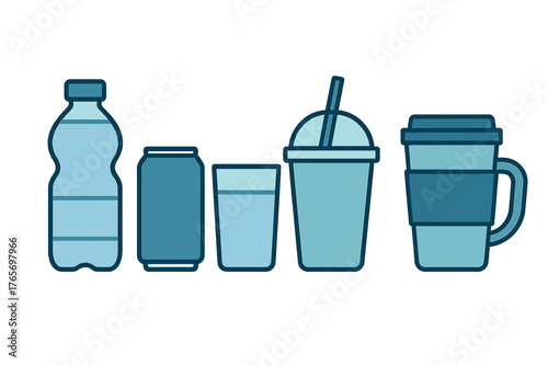 Assortment of common beverage containers including bottle can glass and coffee cup