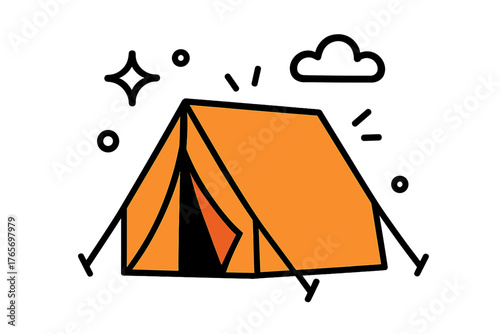 Minimalist orange camping tent set up outdoors under a stylized cloud and stars
