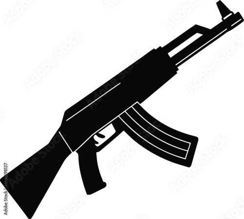 a black silhouette of a ak47 on a white background, black, drawing, gun, silhouette Isometric modern ak47 rifle with wood detailing and metallic finish