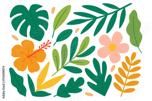 Abstract arrangement of lush green tropical foliage and colorful blooming flowers