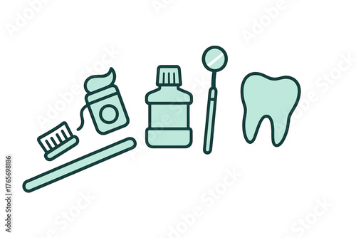 Basic oral care set featuring a toothbrush toothpaste mouthwash dental mirror and molar